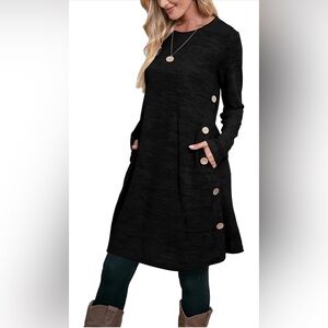OFEEFAN Women’s Long Sleeve Black Tunic Dress with Pockets Buttons - Size XL